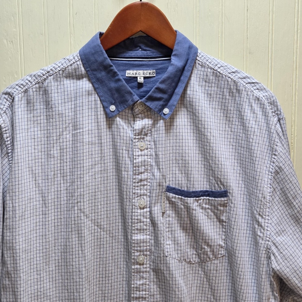 Marc Ecko Cut & Sew Shirt Mens XL Blue Check Long Sleeve Button Front Casual